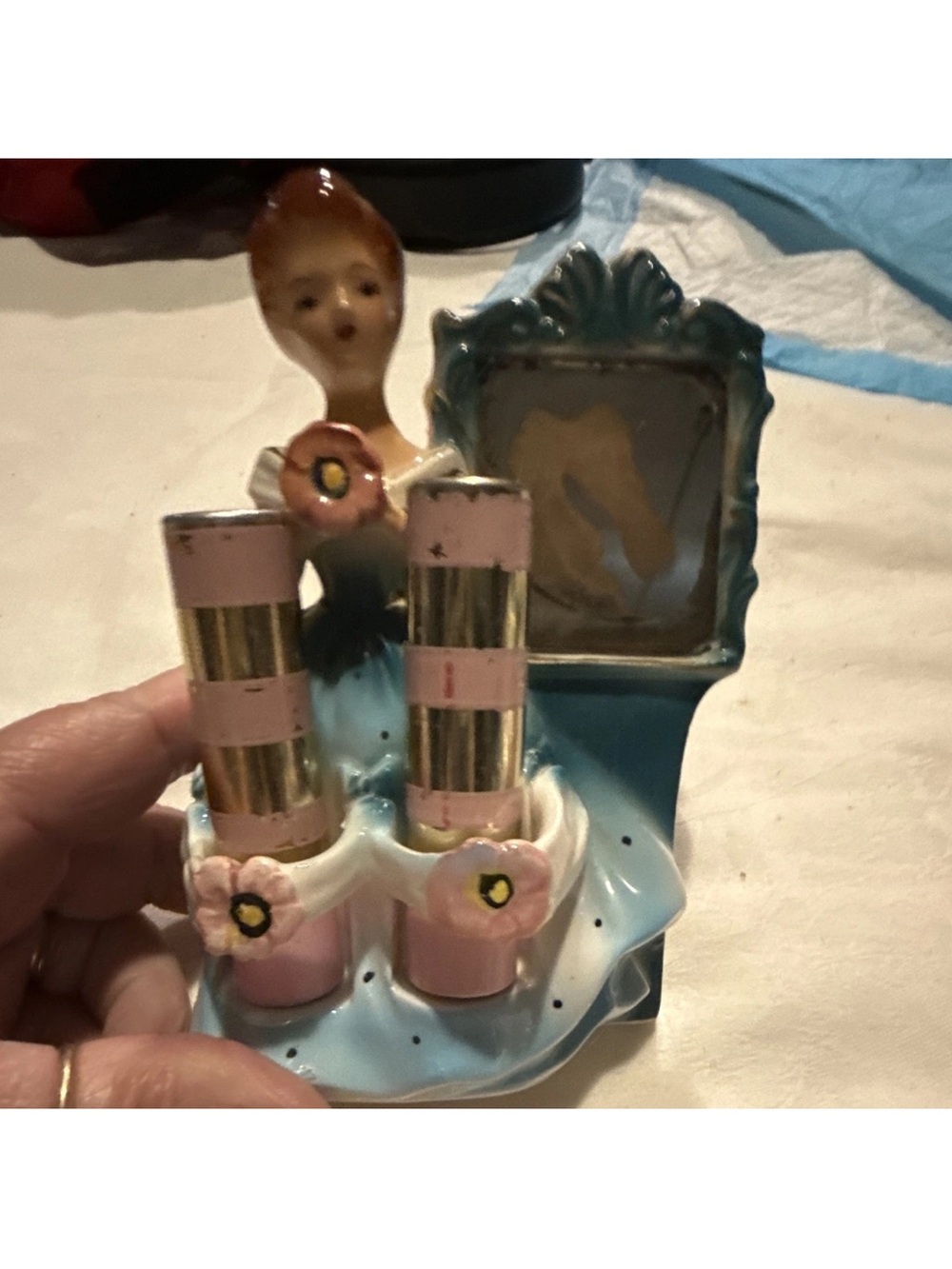 Vintage Ceramic Blue and Pink Lady Figurine lip stick holder Set